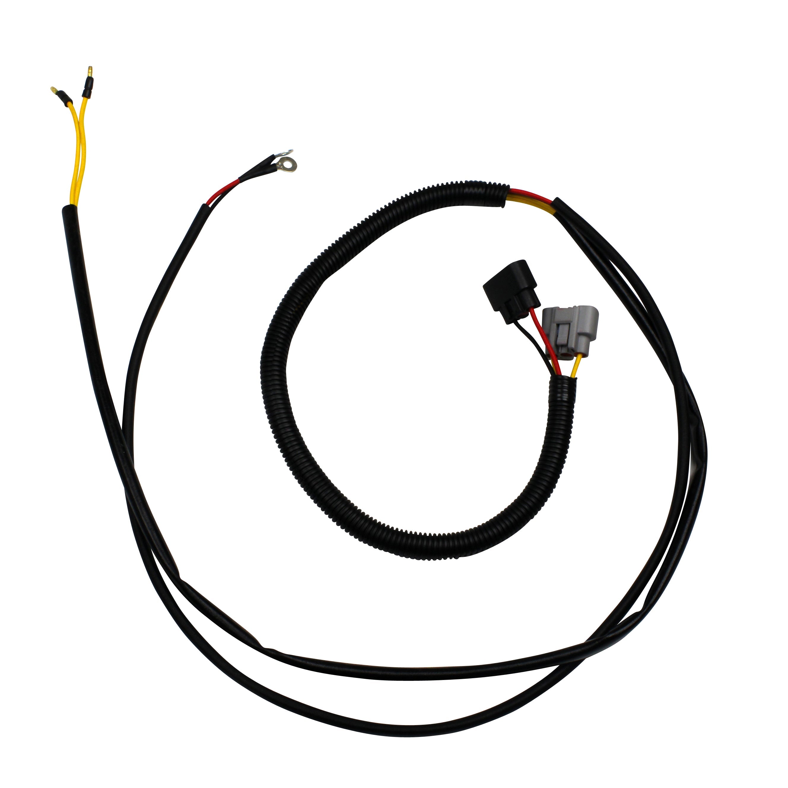 Black automotive wiring harness with connectors and yellow and black insulated wires for motorcycle use.