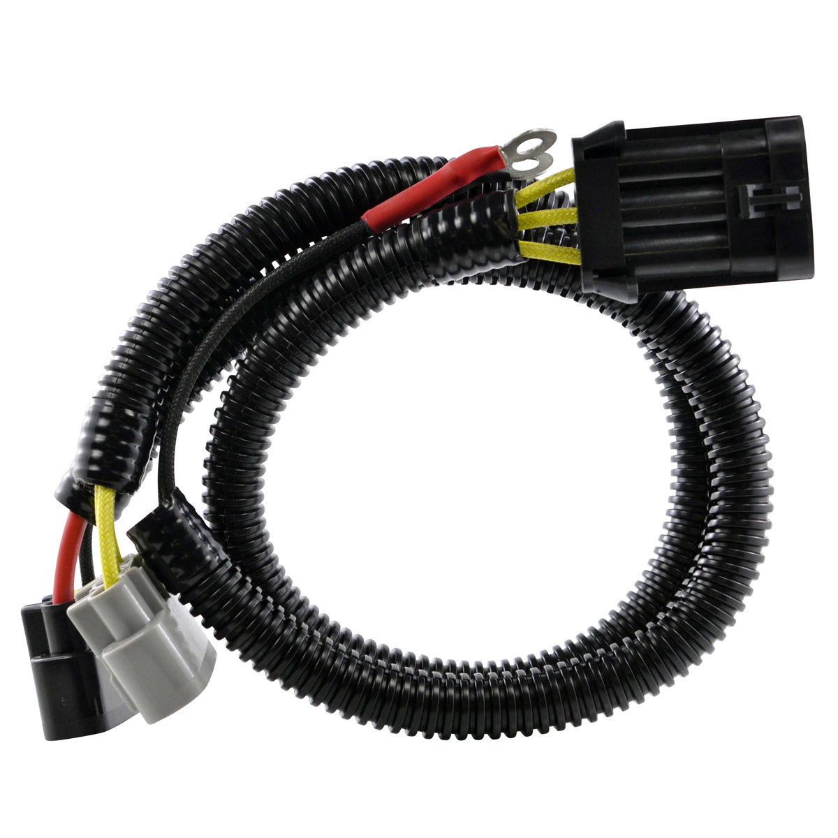 Black coiled wiring harness with multiple connectors, including black and gray plastic plugs, and red, yellow, and black.