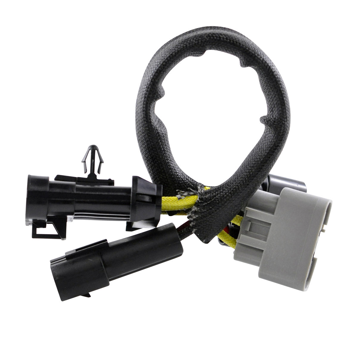 Black and gray motorcycle wiring conversion harness with multiple connectors and protective sheathing.