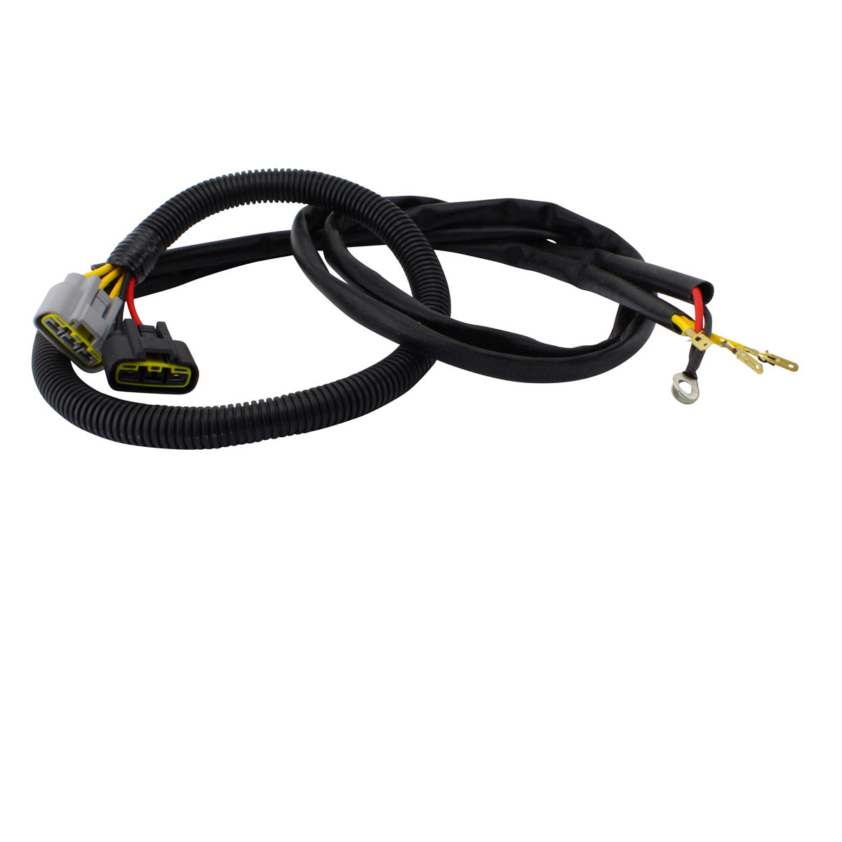 Black insulated motorcycle ECM bypass harness with connectors and wire terminals.
