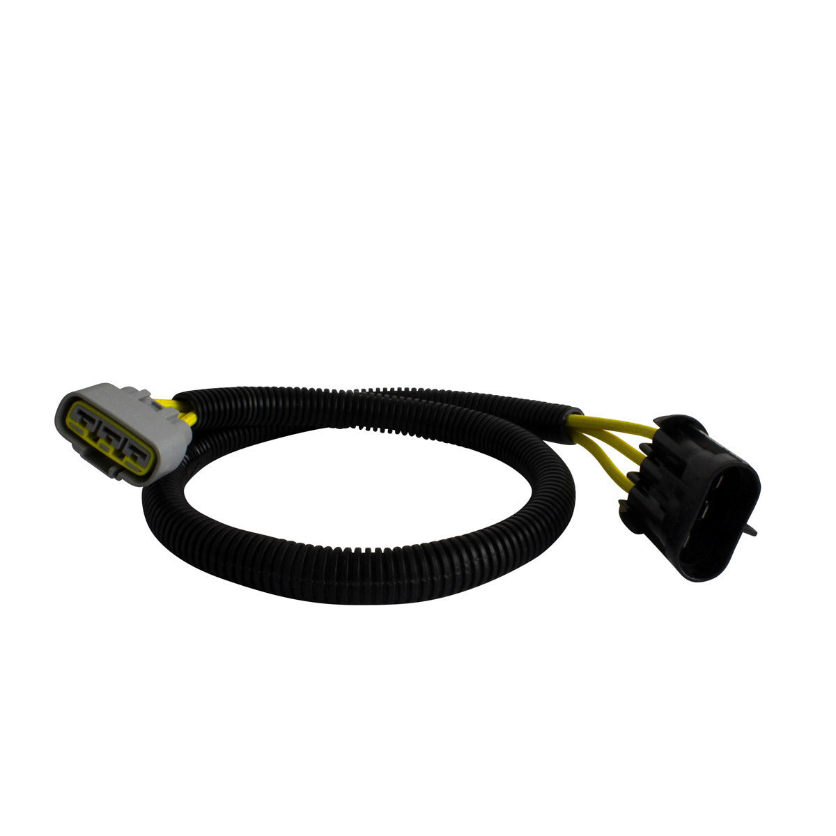 Black coiled voltage regulator harness with gray and black plastic connectors and yellow wires visible at one end.