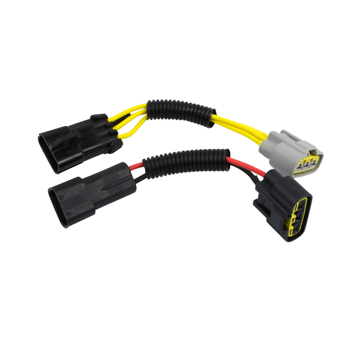 Two black and gray electrical connectors with yellow, red, and black wires encased in black protective sheathing.