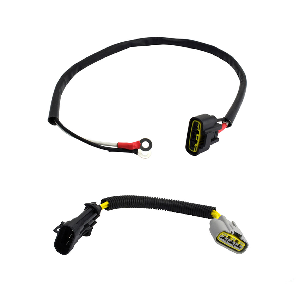 Black voltage regulator harness with integrated connectors and protective sheathing for motorcycles, featuring a.