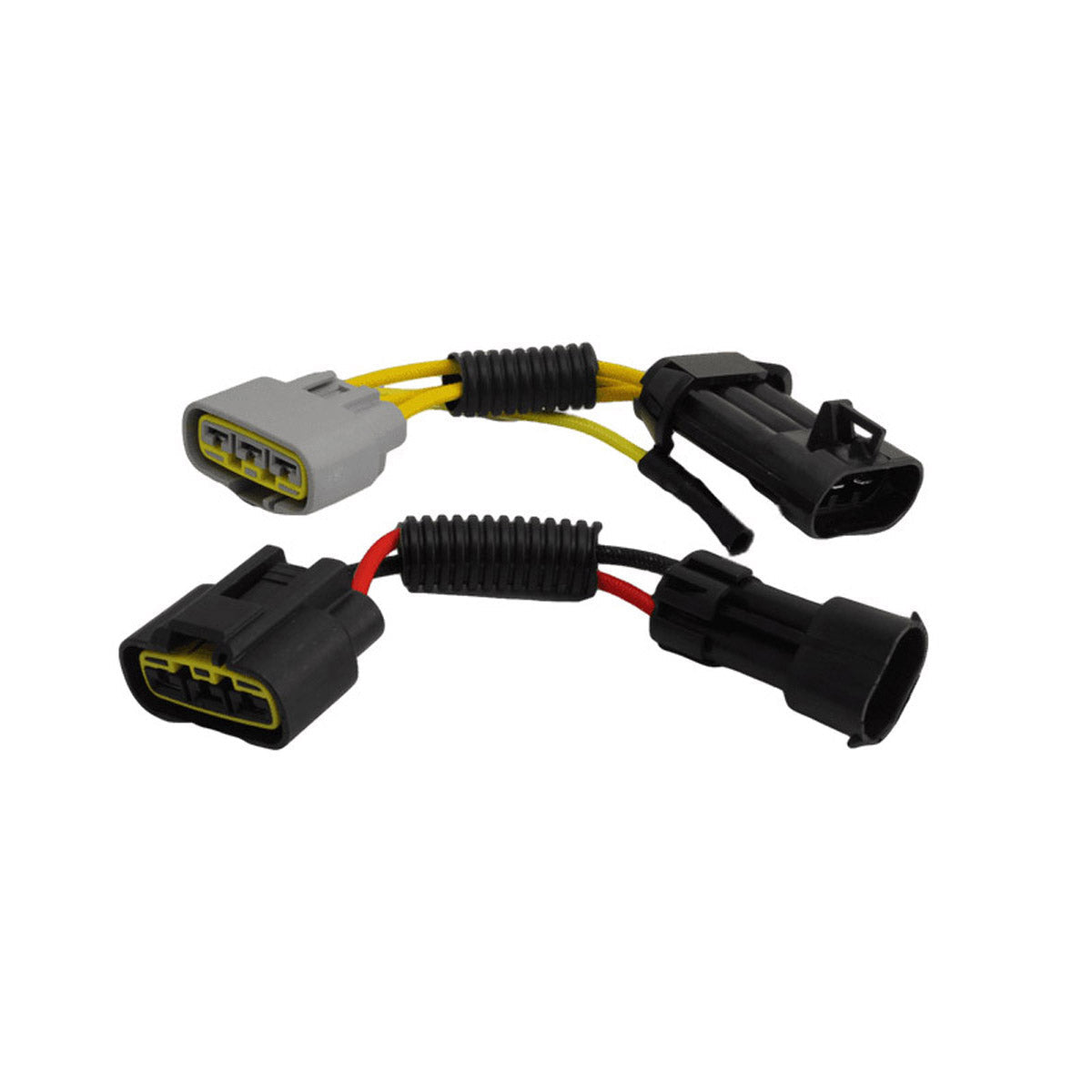 Voltage regulator harness with black and gray plastic connectors, yellow and red wiring, and protective black corrugated.
