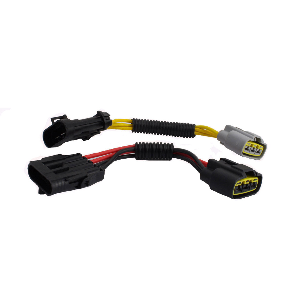 Black and yellow voltage regulator harness with multi-pin connectors and protective sheathing for motorcycles.