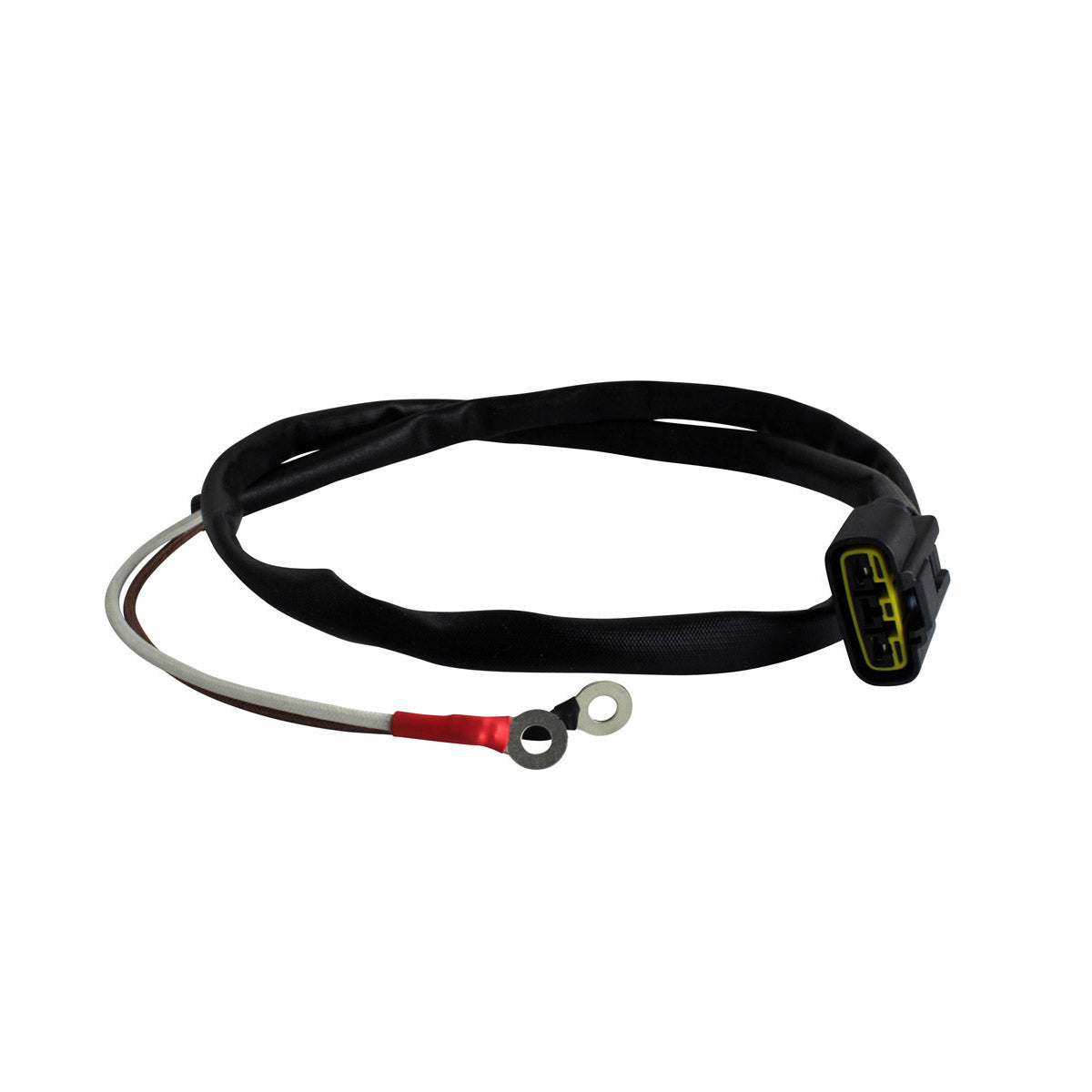 Black insulated voltage regulator harness with yellow and black 4-pin connector and metal ring terminals on exposed wires.