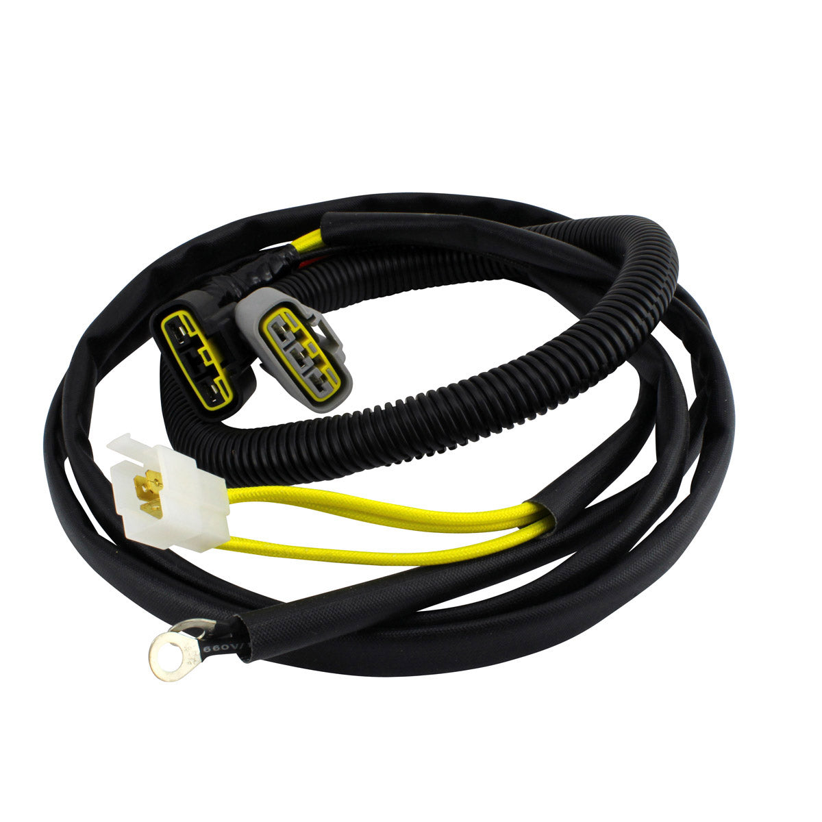 Black motorcycle ECM bypass harness with yellow wires and multiple connectors, including white and black plastic plugs.