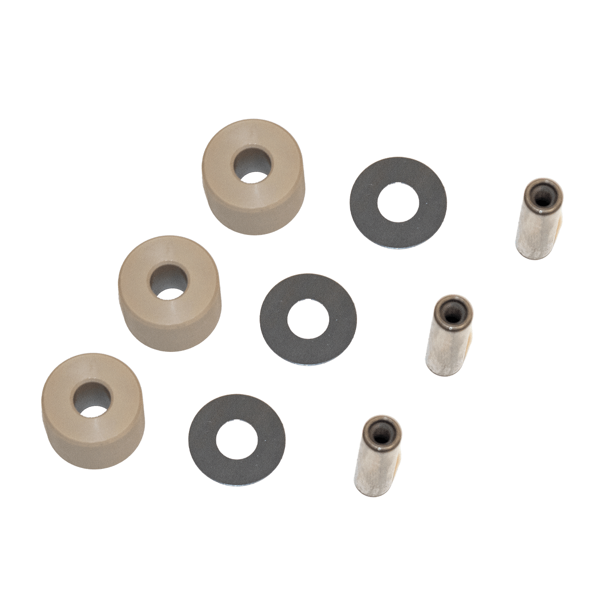 A set of eight zinc-plated Upgraded Secondary Rollers W/ Pin & Wash for Can-Am X3 by Trinity Racing: three metal cylinders, three washers, and two beige spacers arranged on a white background—compatible with Maverick X3.