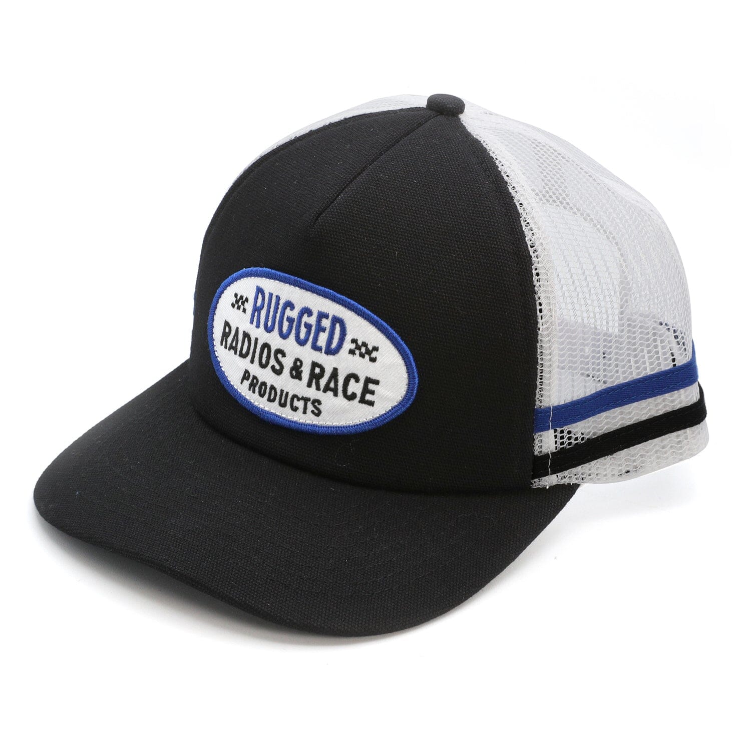 Rugged Radios Striped Snapback Hat - Black And White by Rugged Radios HAT-RADRACE-TRUCKER 01033172745273 Rugged Radios