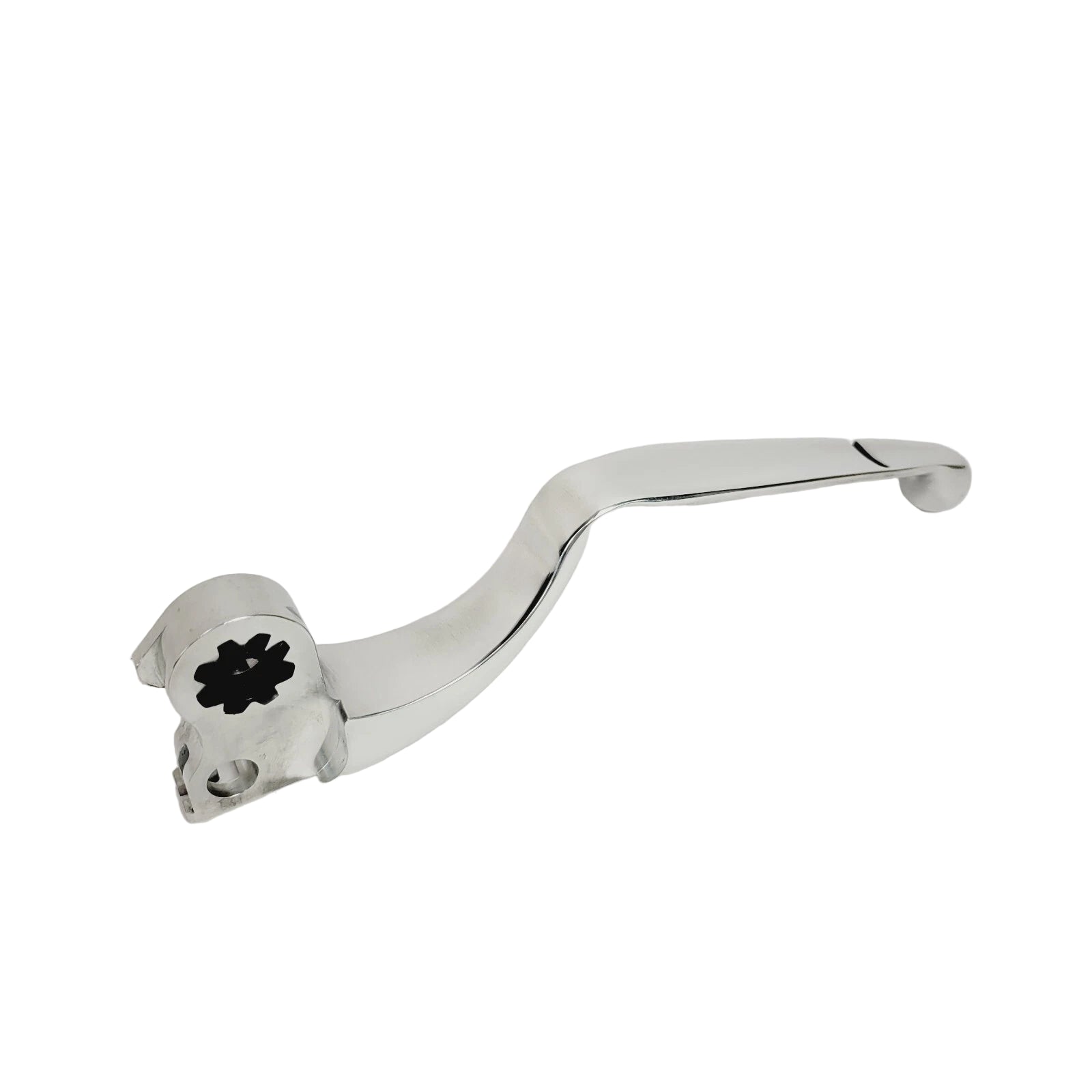 A polished silver metal clutch lever with hardware, featuring a curved handle and black star-shaped gear, similar to the Clutch Lever w/ Hardware, Polished [Incl. 6-8] by Polaris for Indian motorcycle parts.