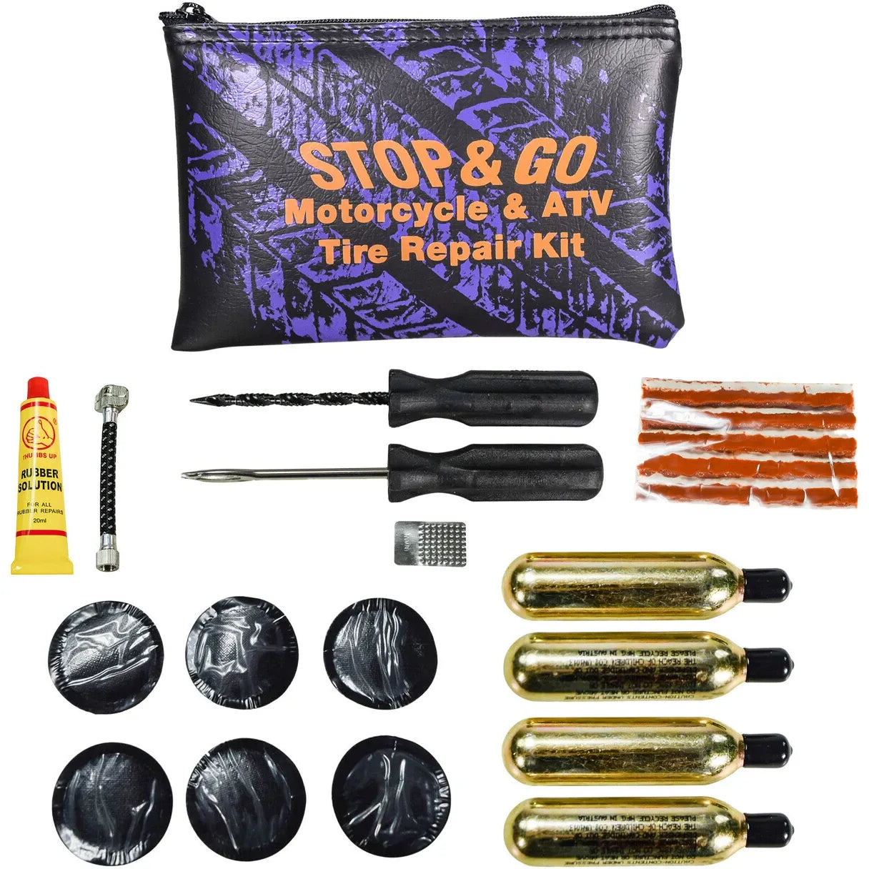 Black and purple zippered pouch with orange text, including two black-handled tire repair tools, four gold CO2 cartridges,.
