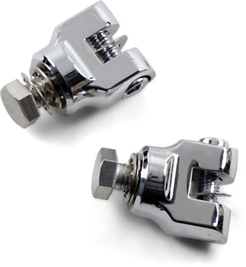 Two chrome Foot Peg Mount Magnum Short 1/2-13 mounting bolts by Kuryakyn, each with a U-shaped slot and bolt, designed for hardware adjustment or mounting, are displayed on a white background.