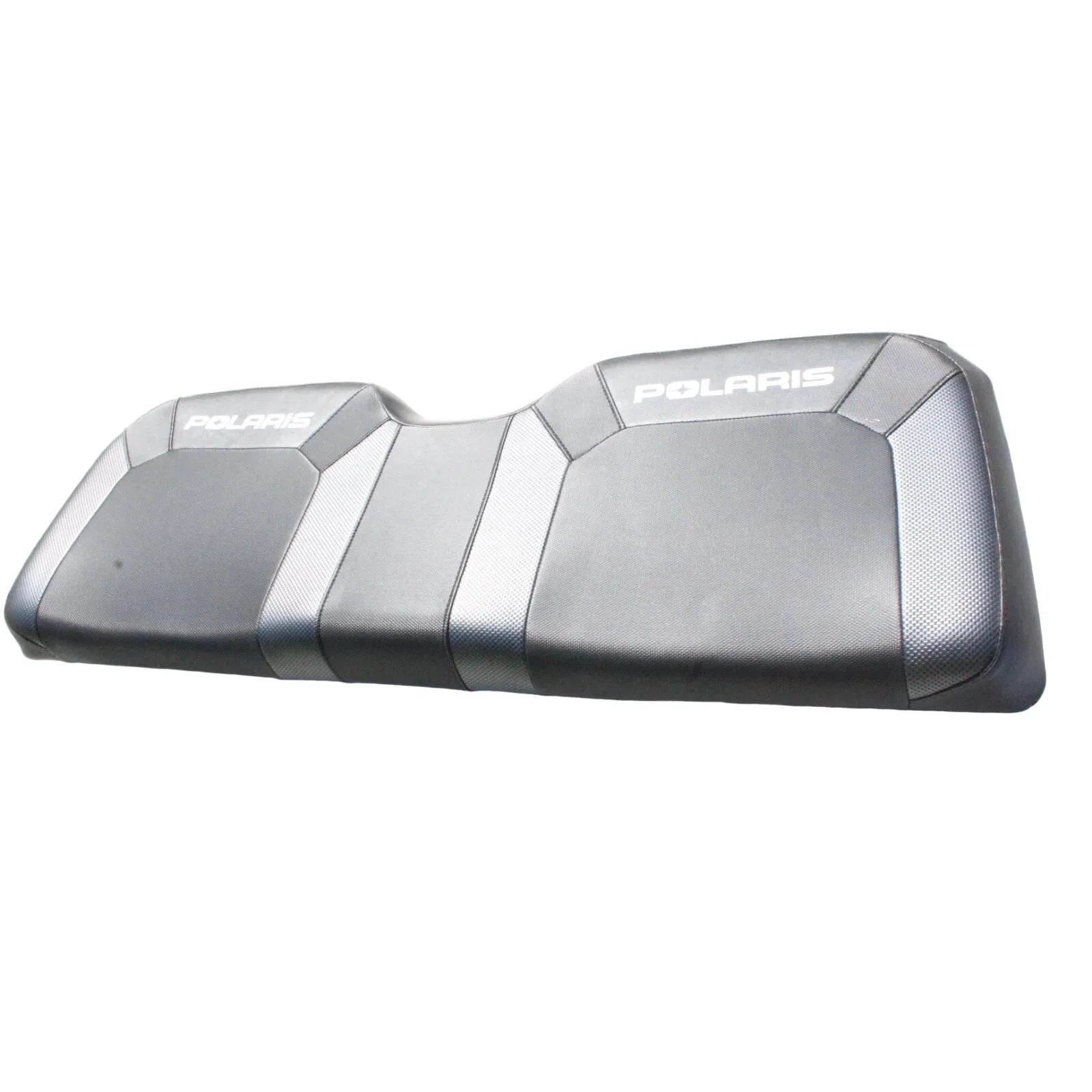 Black molded plastic seat back assembly with contoured padding and white Polaris logos on each section.