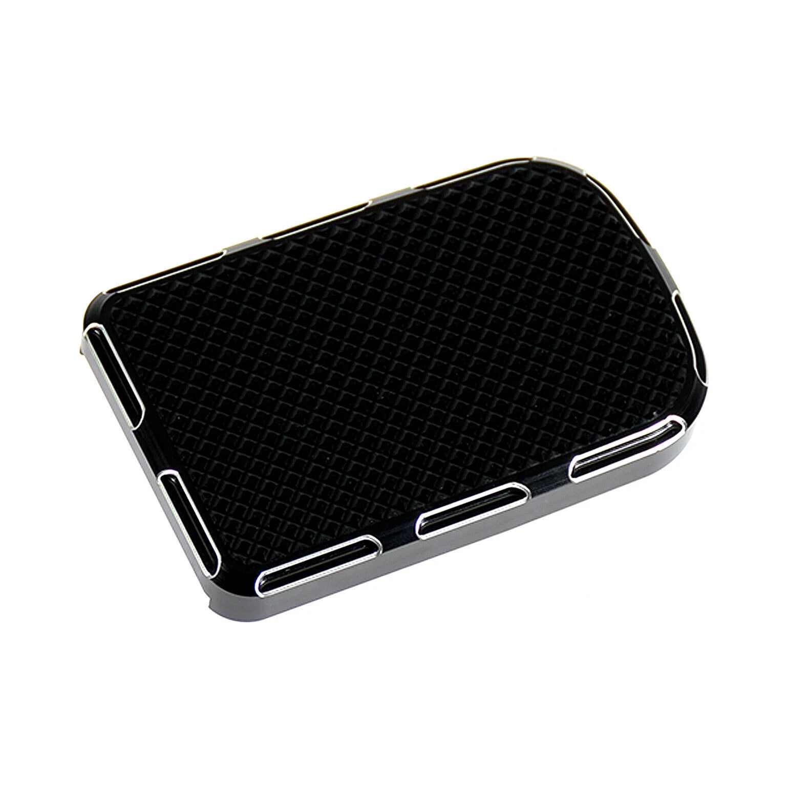 Adjustable Foot Rest Kit Beveled Style by Witchdoctors, featuring a black textured rectangular pad with rounded edges and silver trim, perfect as a Victory Cross Country foot rest for enhanced motorcycle comfort.