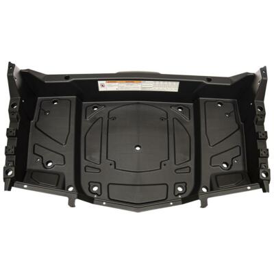 The Rear Rack Assembly, Gloss Black by Polaris, features geometric patterns, mounting holes, and a top-edge label—perfect for replacing or upgrading your Polaris Off Road OEM rear rack components.