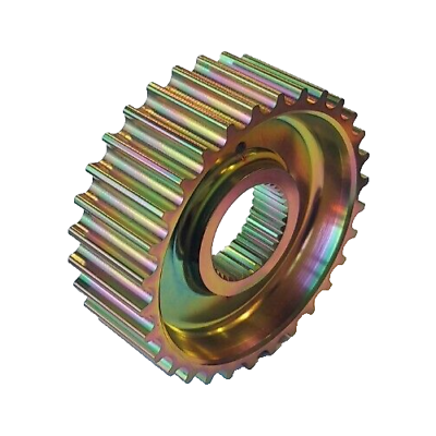 The Polaris Drive Pulley, 30T, is a metallic cylindrical sprocket with evenly spaced teeth and an iridescent finish. It features a central spline ring for secure shaft attachment.