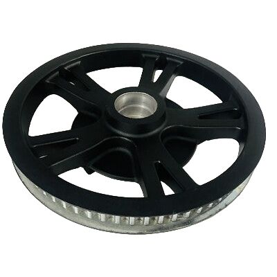 The Drive Pulley W/Bearing, 69T Jet Black by Polaris features a central hub, multiple spokes, and a toothed edge for timing belts—perfect for OEM Indian Polaris parts. Pulley shown against a white background.