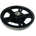 The Drive Pulley W/Bearing, 69T Jet Black by Polaris features a central hub, multiple spokes, and a toothed edge for timing belts—perfect for OEM Indian Polaris parts. Pulley shown against a white background.