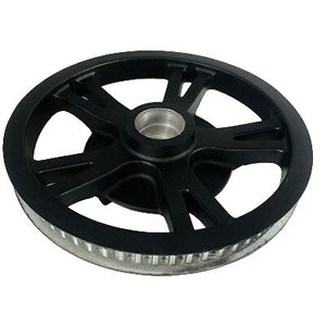 The Drive Pulley W/Bearing, 69T Jet Black by Polaris features a central hub, multiple spokes, and a toothed edge for timing belts—perfect for OEM Indian Polaris parts. Pulley shown against a white background.