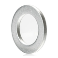 Silver metal flat washer with smooth surface and circular design.
