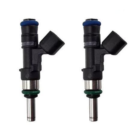 Two black remanufactured Indian Scout fuel injectors with blue and green rings are side by side on a white background. Top text reads New England Injectors and Polaris 2521401. A red badge states 2-year warranty—ideal for 17-24 Indian Scout motorcycles.