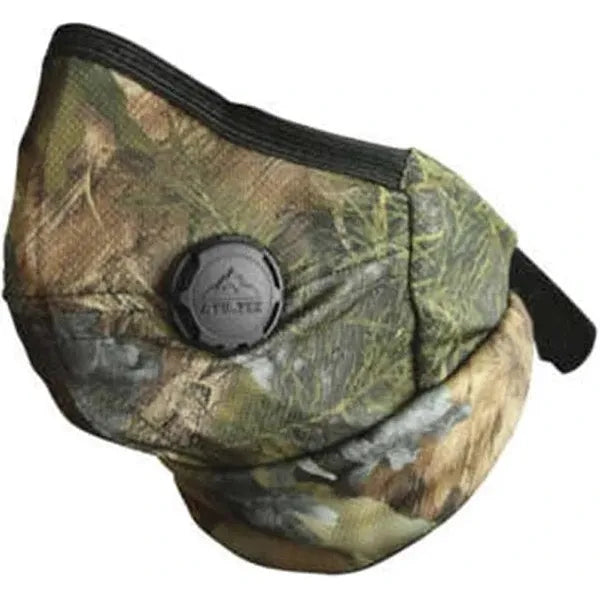 The Pro Series Rider Dust Mask (Camo) by ATV-TEK features a camouflage design, black breathing valve, adjustable ear straps, and four-way stretch fabric—ideal for outdoor or hunting use.