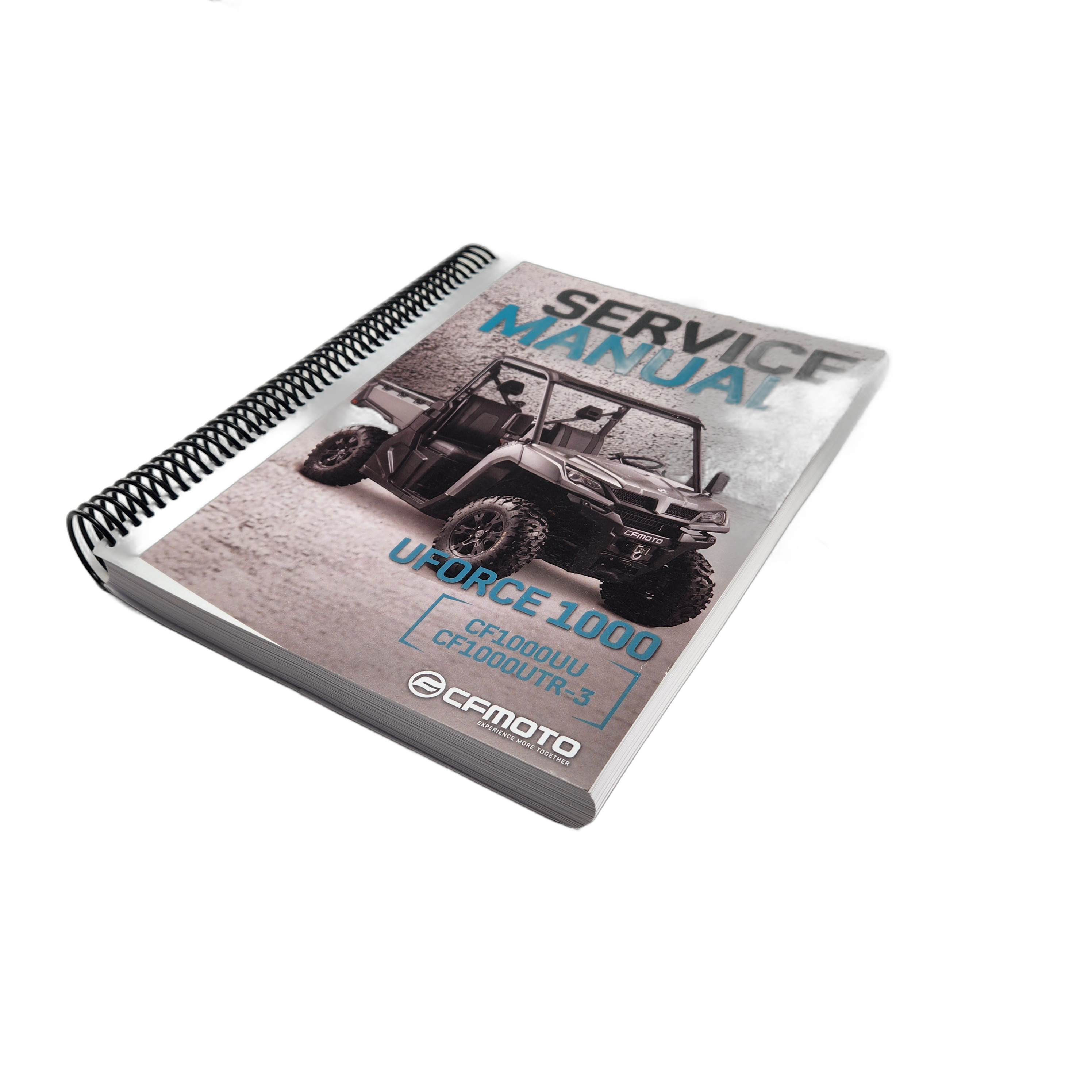 A spiral-bound Uforce 1000 Service Manual 2019-21 by CF Moto, listing model numbers CF1000UU and CF1000UTR-3 on the cover, OEM part SM-UF10002019-21.
