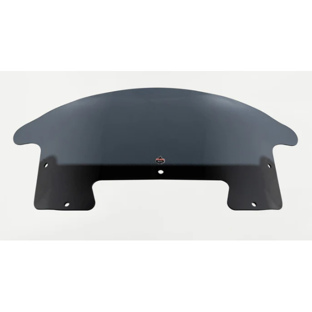 The Flare® Windshield for Indian® 2025+ Chieftain & Roadmaster PowerPlus (Smoke) by Klock Werks features a dark tint, curved top edge, two side flaps, four mounting holes, and a small red-and-white logo near the center bottom.