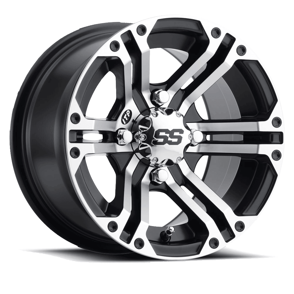 The SS Alloy SS212 12x7 Black Wheel by ITP features a modern geometric spoke design, black and silver aluminum construction, and an SS logo center—ideal for upgrading your ATV or UTV wheels.