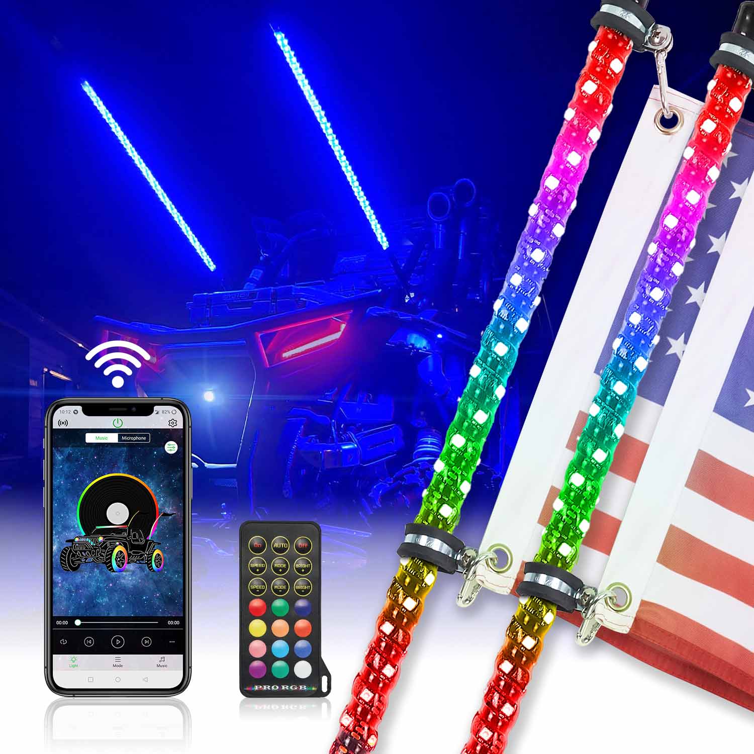 UTV ATV 5FT 2PCS Spiral Whip Light Bluetooth Control w/ Turn Signal Function by Kemimoto B0804-02002CL Whip Light B0804-02002CL Kemimoto