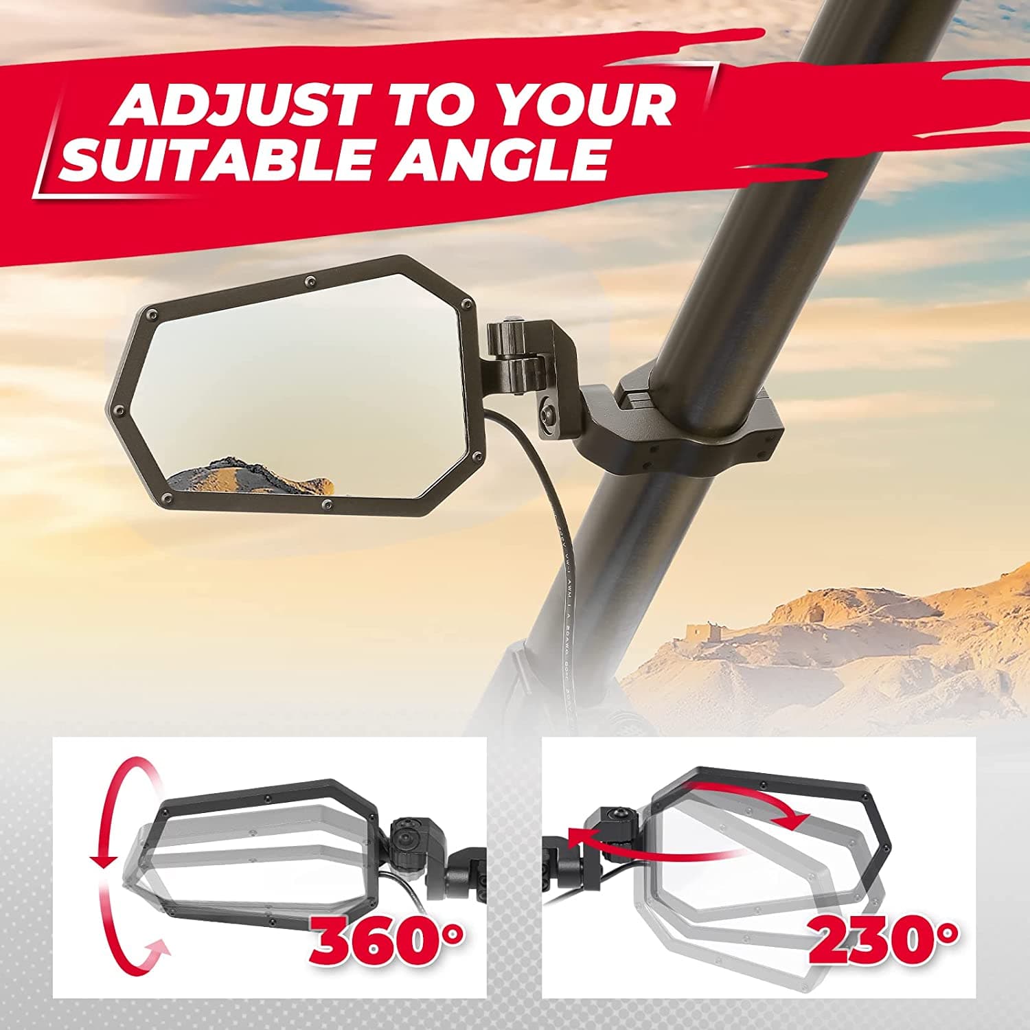 Xprite Spider Series UTV Side Mirrors For 1.75-2" Roll Bars - LED, IP67, For Polaris RZR / Kawasaki Maverick X3