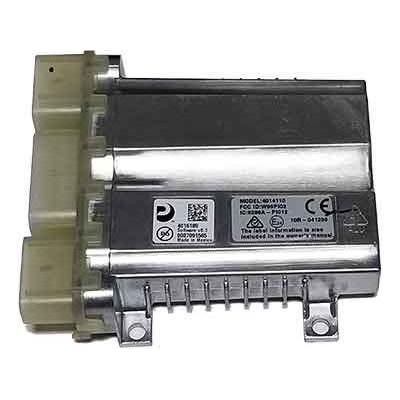 Silver Vehicle Control Module, 21 by Polaris with certification labels and two plastic side connectors. Rectangular OEM part (2415558) features metal fins and mounting tabs, ideal for Indian Motorcycle vehicle control module applications.