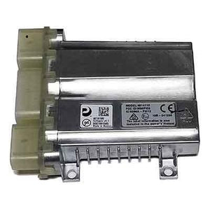 Silver Vehicle Control Module, 21 by Polaris with certification labels and two plastic side connectors. Rectangular OEM part (2415558) features metal fins and mounting tabs, ideal for Indian Motorcycle vehicle control module applications.