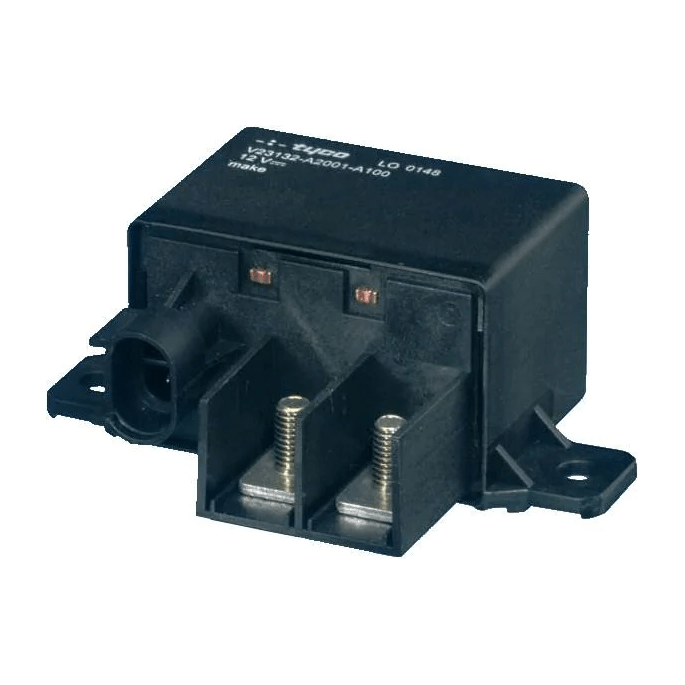 A black Starter Relay by Polaris with two metal terminals, a plastic connector port, and mounting flanges is shown against a white background. Genuine OEM part; part number 2201637.