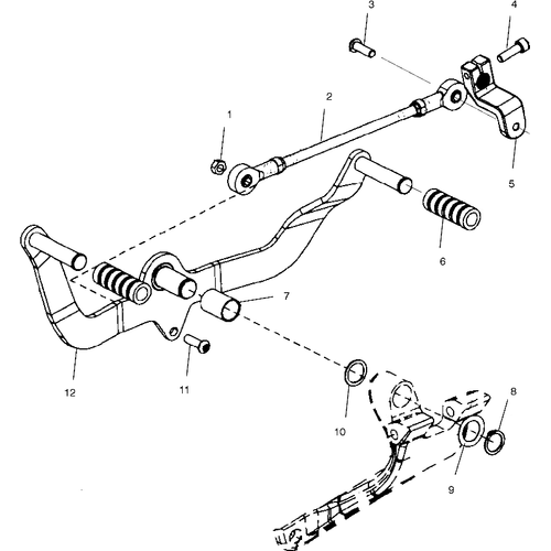 Exploded diagram of a mechanical linkage assembly, highlighting the Flat Washer by Polaris—each rod, lever, bolt, washer, and spring is numbered and labeled for easy identification of Polaris OEM replacement parts.