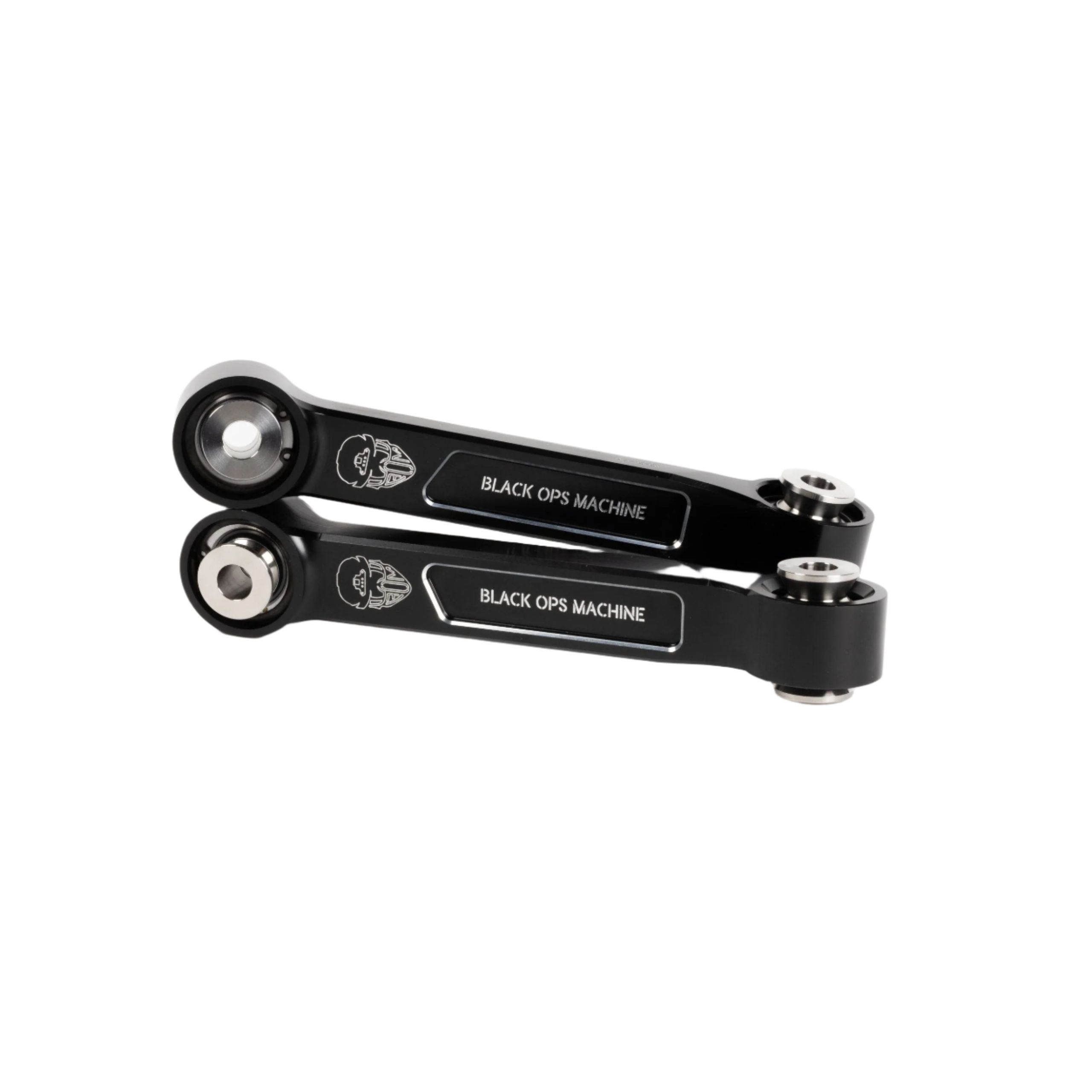 Two black metal rods with silver accents and circular ends are stacked on a white background—these are Polaris RZR XP1000 Front Sway Bar Links by Black Ops Machine, engineered for top-tier sway bar end link performance.