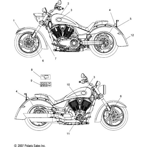Body, Decals - 2009 Victory Kingpin/Kingpin Touring/Kingpin Low/Kingpin Pinball All Options - V09Cb26/Cd26/Kb26/Pb26 Schematic 4345 OEM Schematic