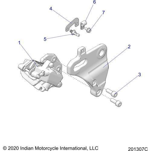 Exploded diagram of the Brakes, Caliper, Rear All Options for the 2022 Indian Chief 111 with numbered parts, bolts, and brackets, labeled by Indian Motorcycle International, LLC featuring genuine Polaris OEM Parts.