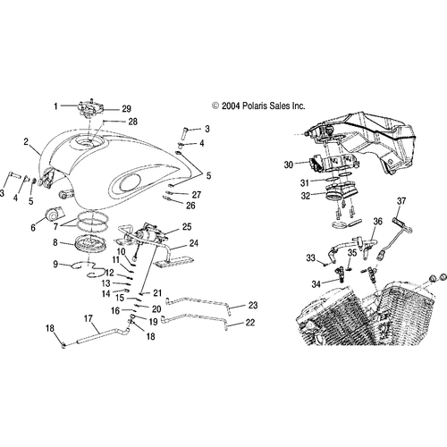 Fuel System, Fuel Tank, Lines And Throttle Body - 2005 Victory Victory Vegas All Options - V05Ab16/Ec16/Gb16 Schematic 5486 OEM Schematic